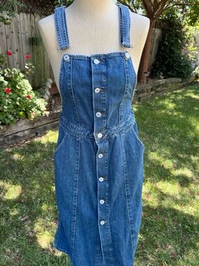 Zara Blue Denim Button-Front Midi Pinafore Dress
